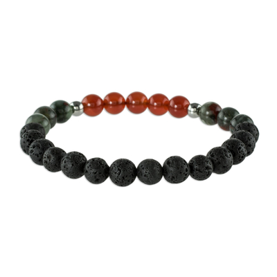 Carnelian and lava stone beaded stretch bracelet, 'Colors of Costa Rica' - Unisex Lava Stone and Gem Stretch Bracelet