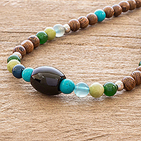 Wood and multi-gemstone beaded necklace, Corcovado Color