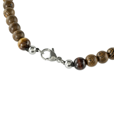 Tiger's eye and wood beaded necklace, 'Earth's Treasure' - Handmade Wood and Tiger's Eye Necklace
