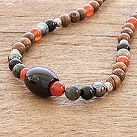 Wood and multi-gemstone beaded necklace, 'Arenal'