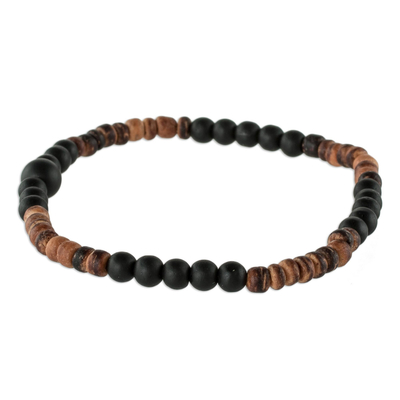 Onyx and coconut shell beaded stretch bracelet, 'Ancient Earth' - Coconut Shell and Onyx Bracelet
