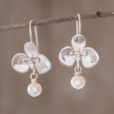 Cultured pearl dangle earrings, 'Sweet Orchid' - Flower Earrings with Cultured Pearls