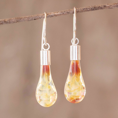 Pendientes colgantes de vidrio artístico, 'Amber Honey' - Pendientes hechos a mano de vidrio y plata de ley