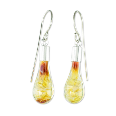 Art glass dangle earrings, 'Amber Honey' - Handmade Glass and sterling Silver Earrings