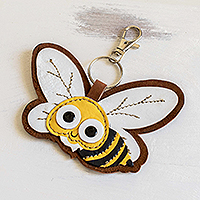 Leather key fob, 'Busy Bee' - Handmade Leather Bee Key Fob