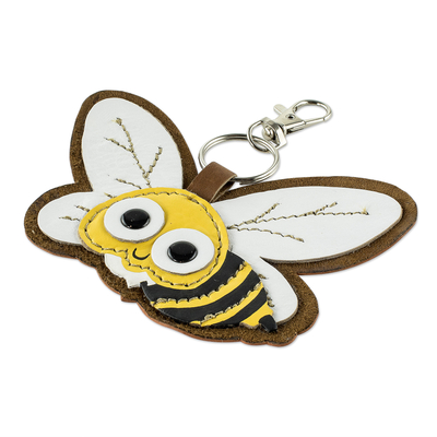 Schlüsselanhänger aus Leder, 'Busy Bee' - Handgefertigter Bienen-Schlüsselanhänger aus Leder