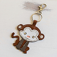 Leather key fob, 'Cheeky Monkey' - Artisan Crafted Monkey Key Fob in Leather