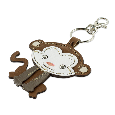 Leather key fob, 'Cheeky Monkey' - Artisan Crafted Monkey Key Fob in Leather