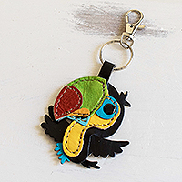 Leather key fob, 'Bright Toucan' - Handmade Colorful Leather Toucan Key Fob