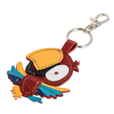 Leather keychain or bag charm, 'Rainbow Parrot' - Handmade Parrot Leather Keychain Bag Charm From Costa Rica