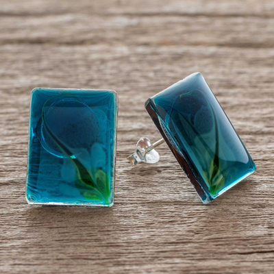 Resin button earrings, 'Flor Divina' - Central American Sterling Silver and Resin Button Earrings