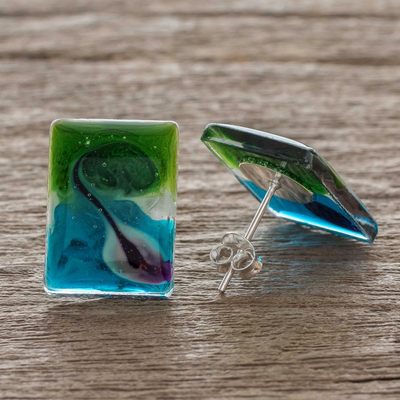 Resin button earrings, 'Paraíso' - Central American Sterling Silver and Resin Button Earrings