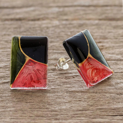 Resin button earrings, 'Rosa Abstracta' - Central American Sterling Silver and Resin Button Earrings