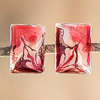 Resin button earrings, 'Hibisco' - Central American Sterling Silver and Resin Button Earrings