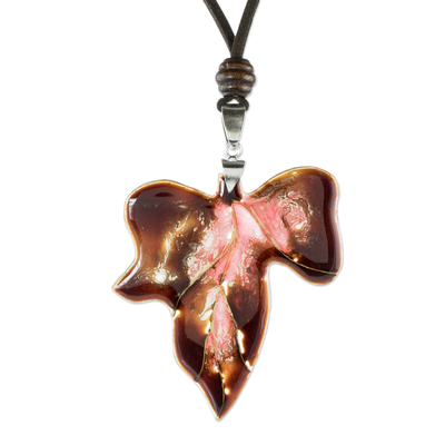 Art glass pendant necklace, 'Brown Ivy' - Handcrafted Fused Glass Necklace