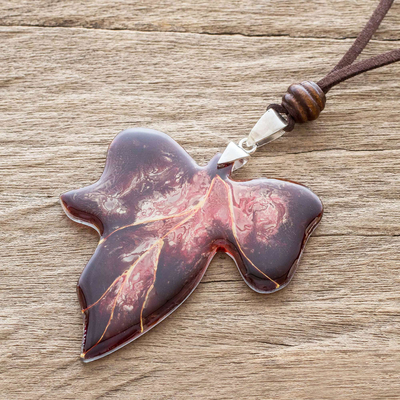 Art glass pendant necklace, 'Brown Ivy' - Handcrafted Fused Glass Necklace
