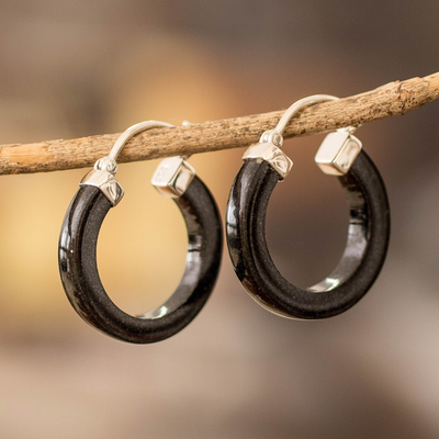 Jade hoop earrings, 'Conexion in Black' - Guatemalan Black Jade Sterling Silver Hoop Earrings
