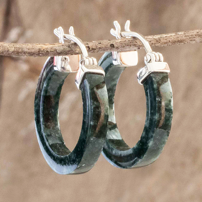 Jade hoop earrings, 'Conexion in Dark Green' - Guatemalan Dark Green Jade Sterling Silver Hoop Earrings