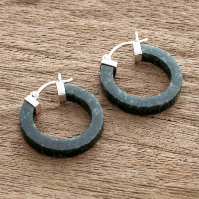 Jade hoop earrings, 'Conexion in Dark Green' - Guatemalan Dark Green Jade Sterling Silver Hoop Earrings