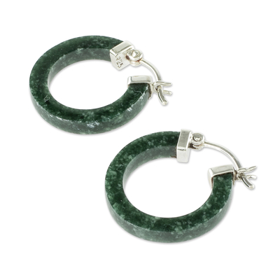 Pendientes de aro de jade, 'Conexion in Dark Green' - Pendientes de aro de plata de ley de jade verde oscuro guatemalteco