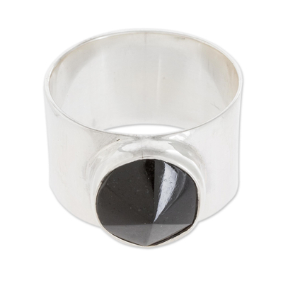 Jade cocktail ring, 'Volcanic Black' - Black Jade and 925 Sterling Silver Ring from Guatemala