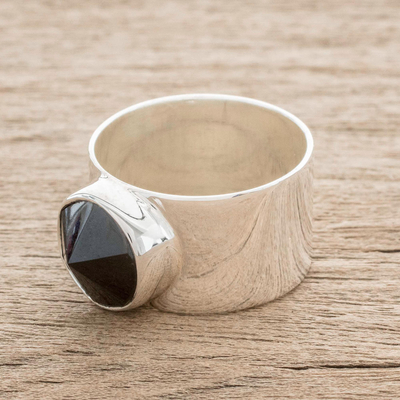 Jade cocktail ring, 'Volcanic Black' - Black Jade and 925 Sterling Silver Ring from Guatemala