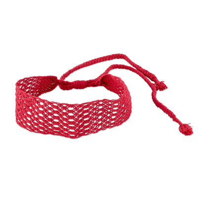 Cotton macrame headband, 'Scarlet Web' - Handmade Red Cotton Macrame Headband