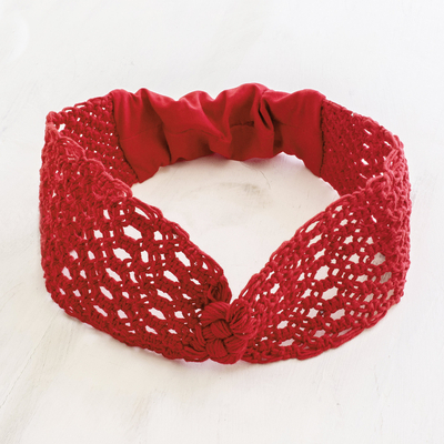 Makramee-Stirnband aus Baumwolle, 'Scarlet Knots' - Handgefertigtes Makramee-Stirnband in Rot