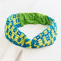 Cotton macrame headband, 'Poolside' - Turquoise and Lime Cotton Macrame Headband