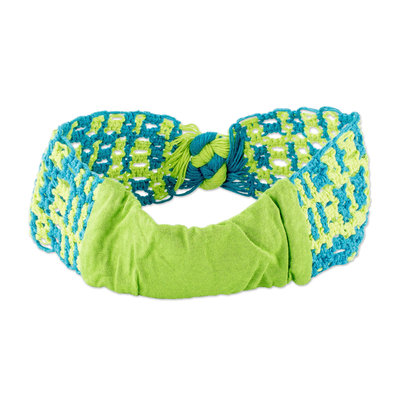 Cotton macrame headband, 'Poolside' - Turquoise and Lime Cotton Macrame Headband