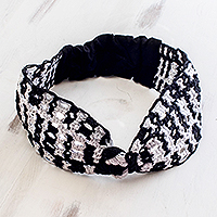 Cotton macrame headband, 'Starry Night' - Macrame Headband in Black and White Cotton