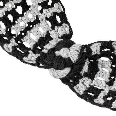 Cotton macrame headband, 'Starry Night' - Macrame Headband in Black and White Cotton