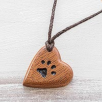 Reclaimed wood pendant necklace, 'Paw Print On My Heart' - Wood Paw Print Heart Necklace