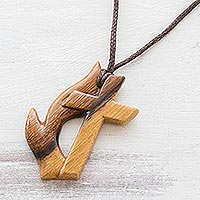 Reclaimed wood pendant necklace, 'Fiery Faith'
