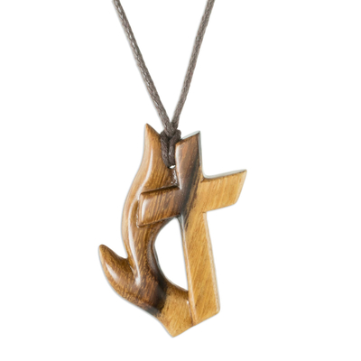Reclaimed wood pendant necklace, 'Fiery Faith' - Unisex Wood Cross Pendant Necklace