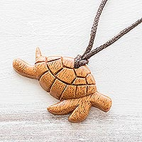 Reclaimed wood pendant necklace, 'Turtle Time' - Hand Carved Turtle Necklace