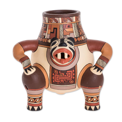 Ceramic decorative vase, 'Chorotega Jaguar' - Pre-Hispanic Style Anthropomorphic Decorative Ceramic Vessel