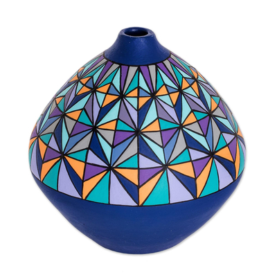 Decorative terracotta vase, 'Blue Geometry' - Decorative Geometric Terracotta Vase From Nicaragua