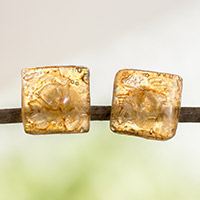 Recycled CD stud earrings, 'Bubble Explosion in Amber' - Guatemalan Recycled CD Button Earrings