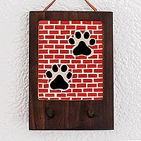 Teak mosaic key holder, 'Paw Prints' - Glass Mosaic Dog Paw Key Hanger from Costa Rica