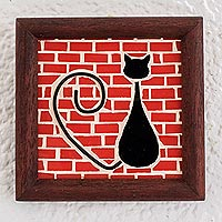 Teak wood mosaic wall plaque, 'Kitty Love' - Teak Wood and Stained Glass Cat Wall Plaque from Costa Rica
