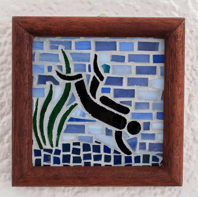 Glass mosaic wall plaque, 'Diving' - Stained Glass Ocean Mosaic Wall Plaque from Costa Rica
