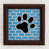 Glass mosaic wall plaque, 'Four-legged Love' - Stained Glass And Wood Dog Paw Wall Plaque From Costa Rica