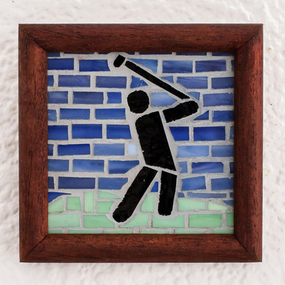 Glass mosaic and teak wood wall plaque, 'Golf' - Mosaic Golf Wall Accent