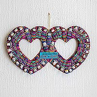 Cotton wreath, 'Connected Hearts' - Cotton Worry Doll Double Heart Wreath From Guatemala