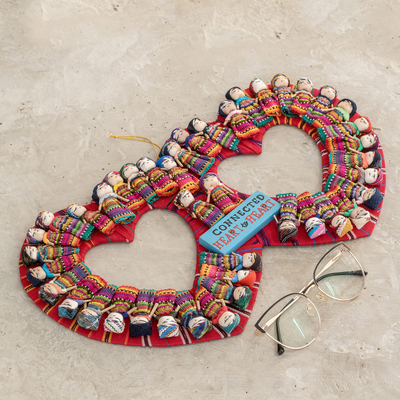 Cotton wreath, 'Connected Hearts' - Cotton Worry Doll Double Heart Wreath From Guatemala