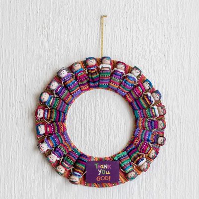 Cotton wreath, 'Thank You God' - Hand-Loomed Cotton Worry Doll Wreath From Guatemala