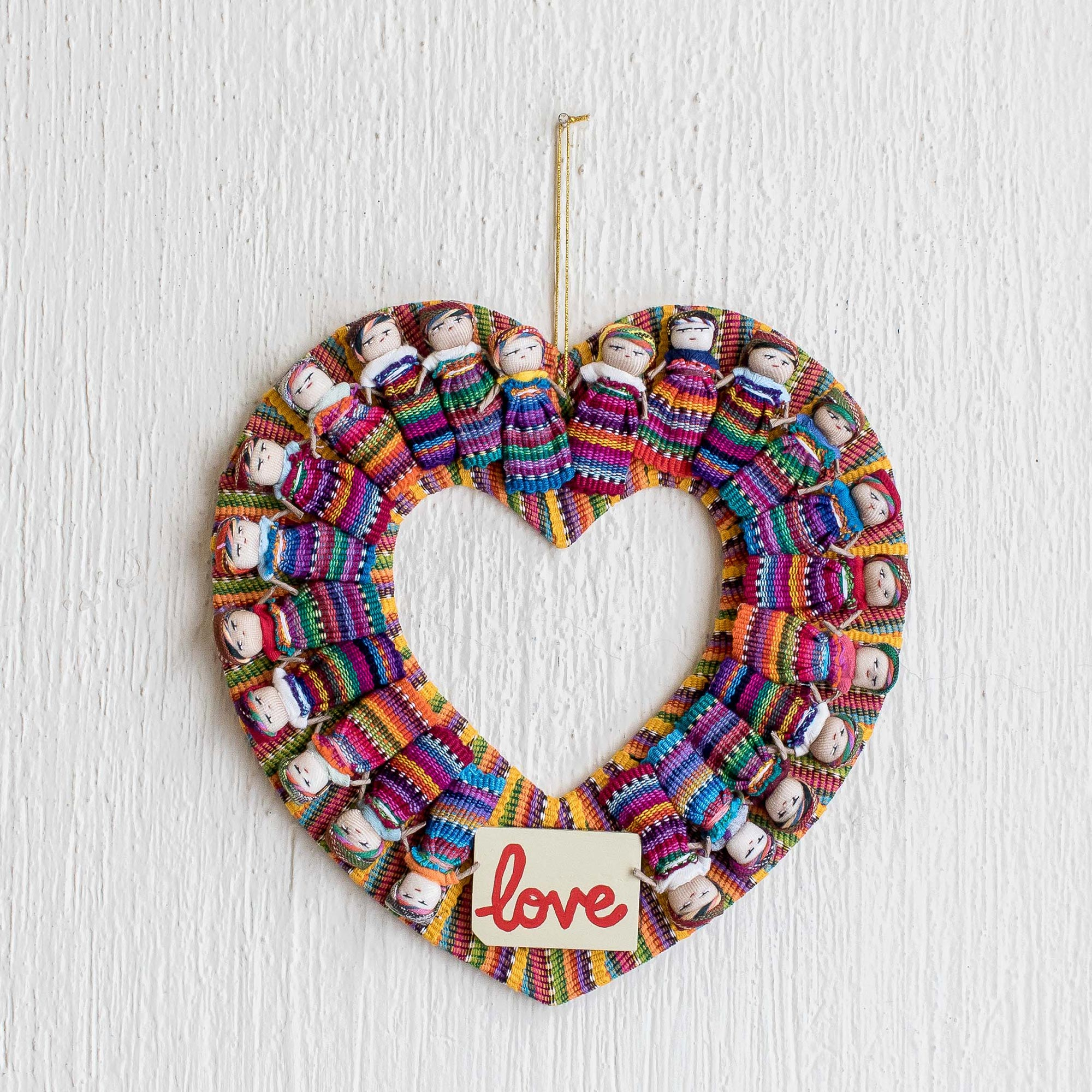 Hand-Loomed Cotton Worry Doll Heart Wreath From Guatemala, 'Amor