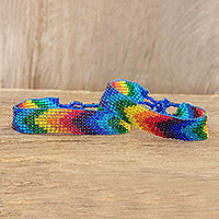 Glass beaded wristband bracelets, 'Rainbow Path' (pair)