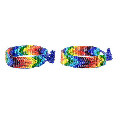 Glass beaded wristband bracelets, 'Rainbow Path' (pair) - Multicolored Glass Bead Bracelets (Pair)
